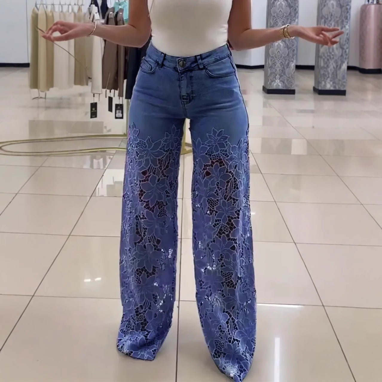 Y2K Lace Flowers Hollow Jeans