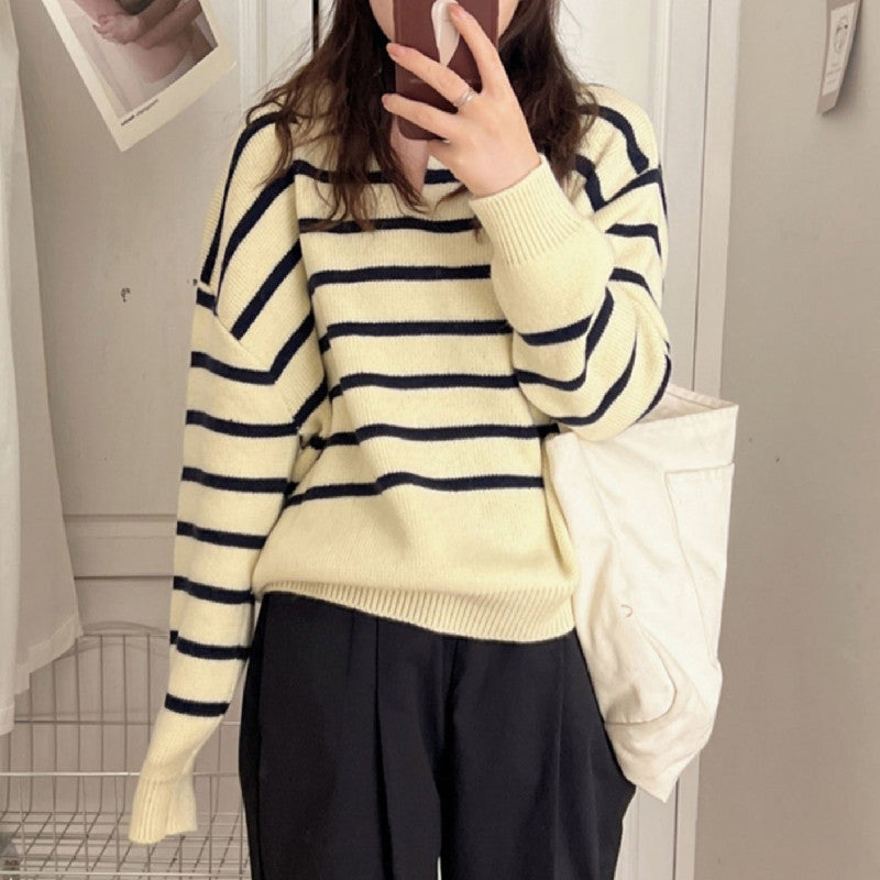 Retro Lazy Style Contrast Color Striped Collar Knitted Sweater