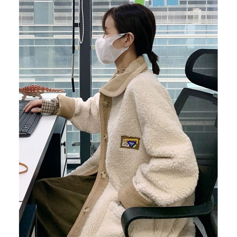 Korean Style Loose Thick Lamb Wool Stitching Corduroy Coat