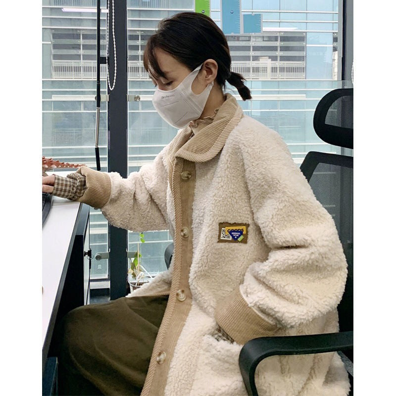 Korean Style Loose Thick Lamb Wool Stitching Corduroy Coat