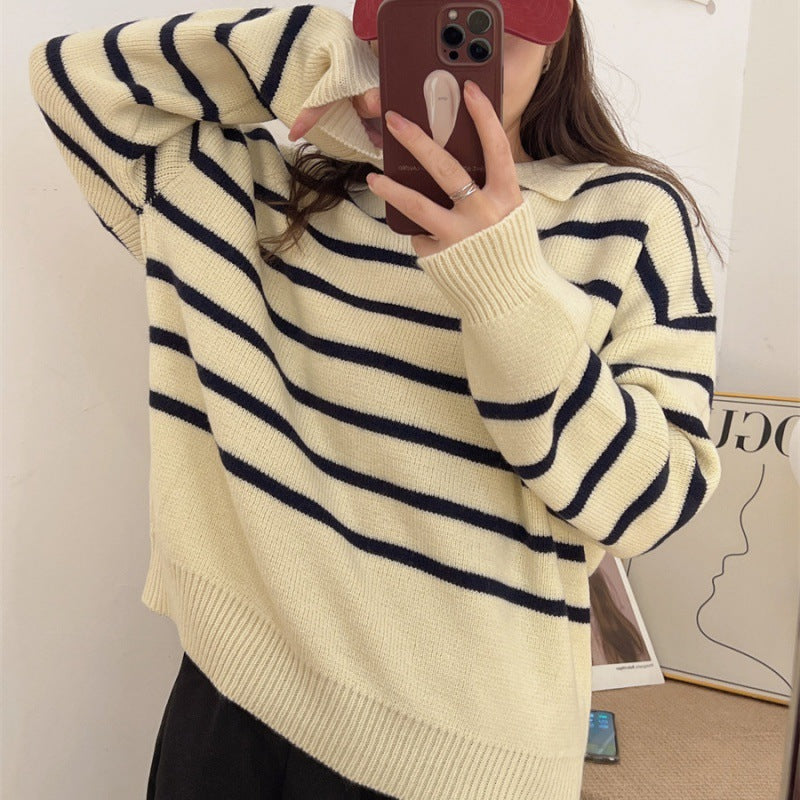 Retro Lazy Style Contrast Color Striped Collar Knitted Sweater