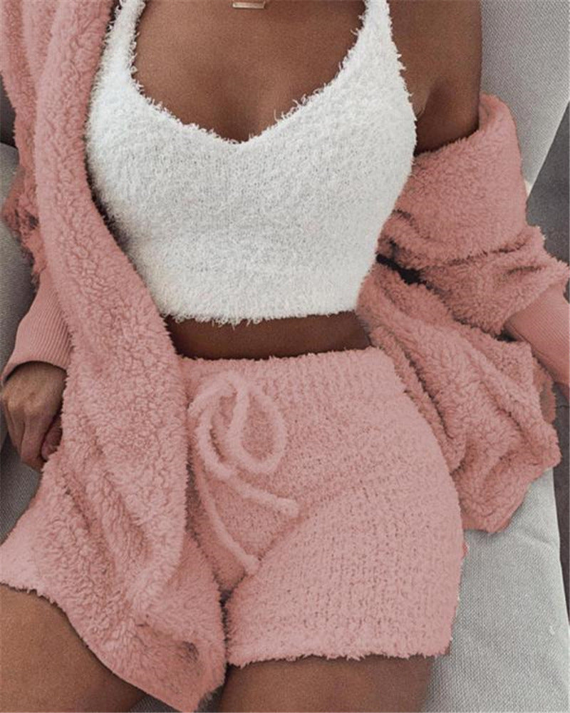Womens Clothing Long Sleeve Crop Tank Top And Drawstring Shorts Pajama Set