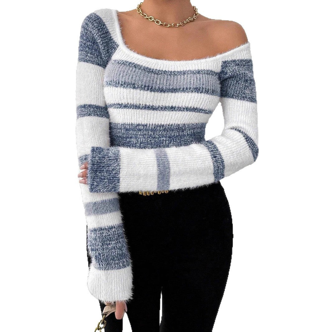 Slim Fit Square Collar Striped Sweater For Women