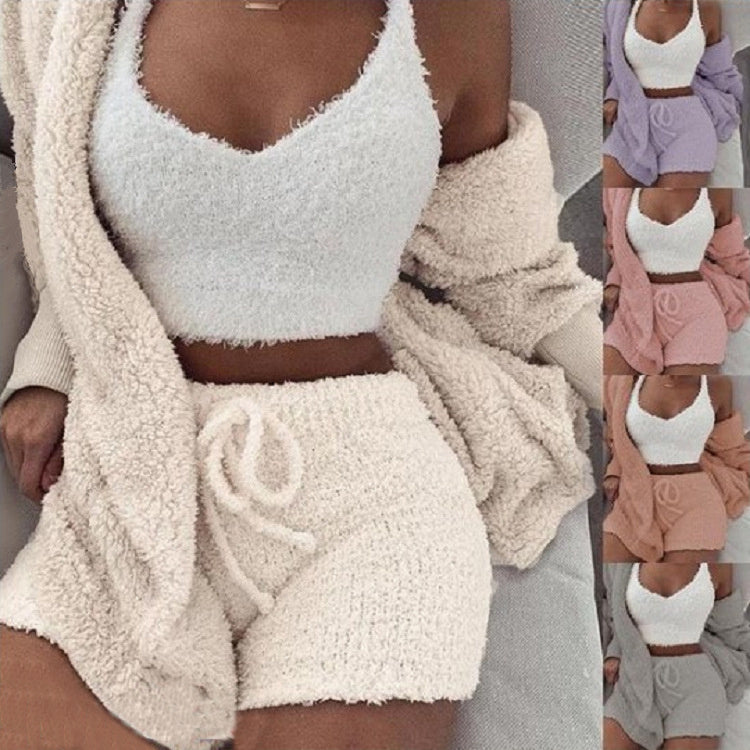 Womens Clothing Long Sleeve Crop Tank Top And Drawstring Shorts Pajama Set