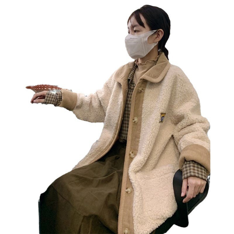 Korean Style Loose Thick Lamb Wool Stitching Corduroy Coat
