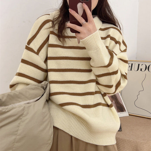 Retro Lazy Style Contrast Color Striped Collar Knitted Sweater