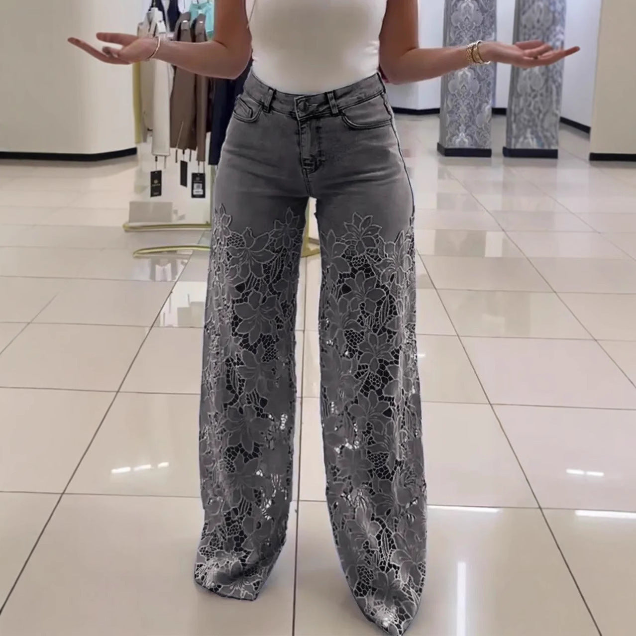 Y2K Lace Flowers Hollow Jeans