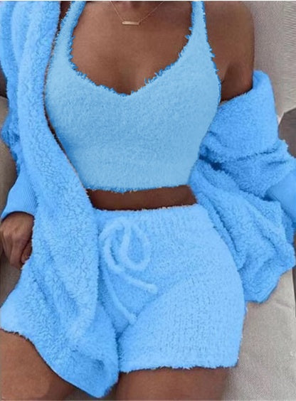 Womens Clothing Long Sleeve Crop Tank Top And Drawstring Shorts Pajama Set