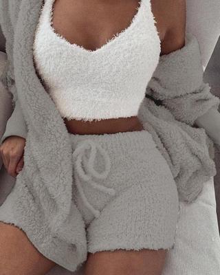 Womens Clothing Long Sleeve Crop Tank Top And Drawstring Shorts Pajama Set