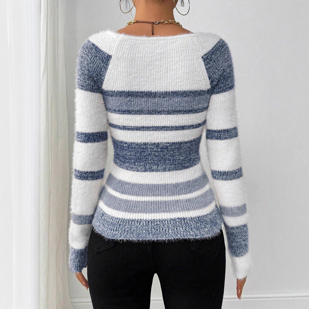 Slim Fit Square Collar Striped Sweater For Women