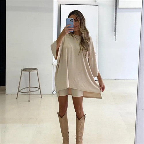 Women's Fashion All-match Loose Casual Home Short Sleeve T-shirt Shorts Set
