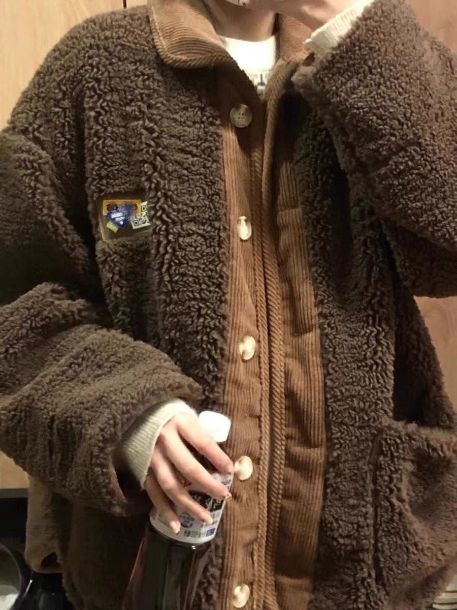 Korean Style Loose Thick Lamb Wool Stitching Corduroy Coat