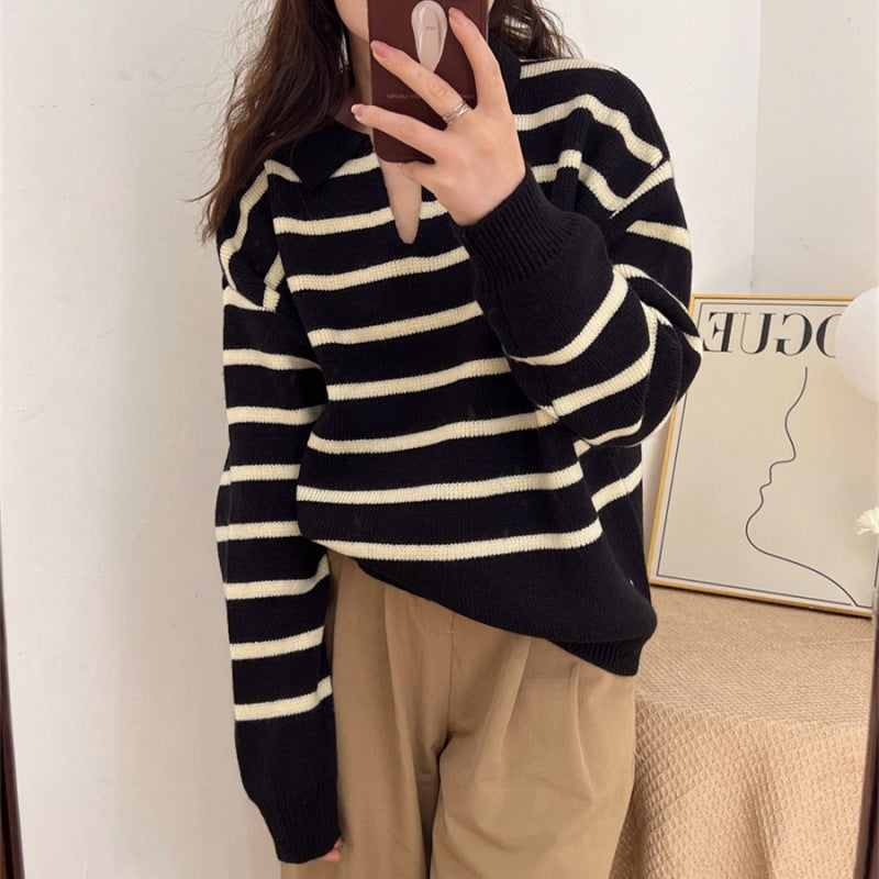 Retro Lazy Style Contrast Color Striped Collar Knitted Sweater