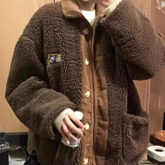 Korean Style Loose Thick Lamb Wool Stitching Corduroy Coat