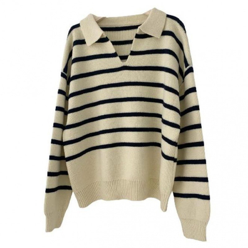 Retro Lazy Style Contrast Color Striped Collar Knitted Sweater